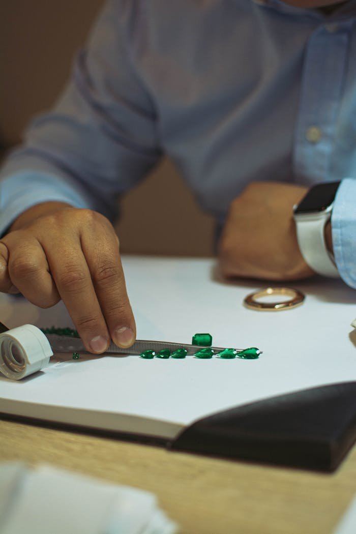 A close-up shot of a man examining emeralds, symbolizing wealth and luxury in a Bogotá jewelers workshop.
